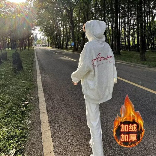 Digada white and gray American retro high street hooded sweatshirt for men in spring, autumn and winter plus velvet trendy all-match top casual sweatshirt CXS-LM459 white gray plus velvet M (size is too small, it is recommended to go up one size)