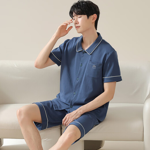 莫代尔【7A抗菌】100%纯棉夏季情侣睡衣一男一女短袖长裤可外穿家居服薄 09M12801男 L