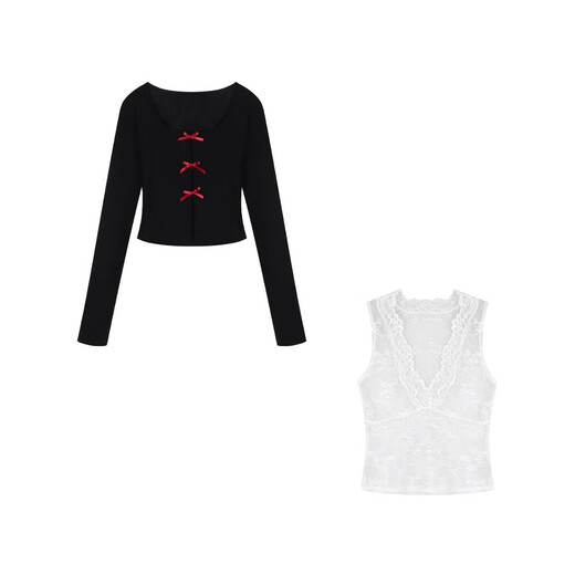 Cotton skin-friendly pure desire black bow U-neck long-sleeved women's autumn slim-fitting short top two-piece set XXC suit (T-shirt + lace vest) high-quality model S 70-90Jin Jin equals 0.5 kg