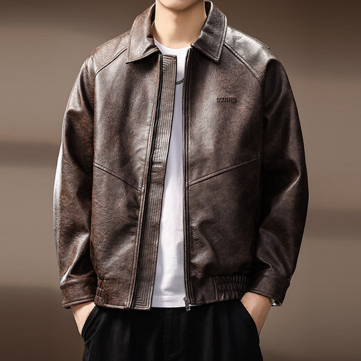 CANELIN KISKHA high-end retro old money style distressed lapel PU leather jacket for men 2025 autumn new high street motorcycle loose jacket for men coffee color regular L recommended 120-140Jin Jin equals 0.5 kg
