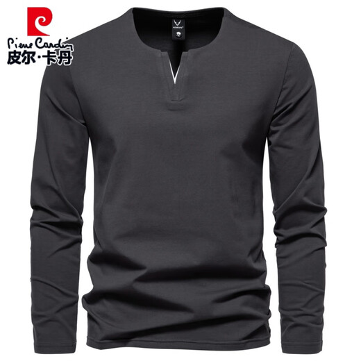 Pierre Cardin Henry heavyweight men's long-sleeved T-shirt with spring and autumn slim casual v-neck solid color bottoming shirt clothes top black XL