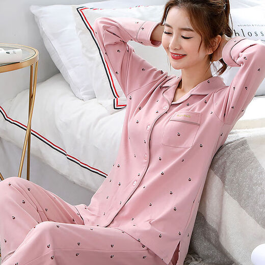 俏丽雅（qiaoliya）纯棉双面睡衣女春秋季长袖大码全棉家居服套装学生夏月子服冬 854 M