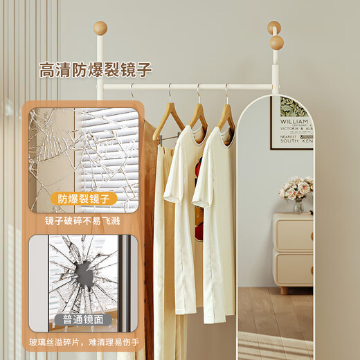 航轩世家卧室家用落地式挂衣架多功能移动全身镜衣帽架一体入户衣架穿衣镜 【基础款】100cm奶白 收纳盒