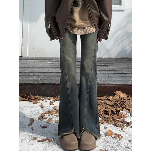 Cantu retro raw edge micro-flared jeans for women in autumn and winter plus size fat mm high waist slimming hip-covering stretch wide-leg pants retro blue regular M