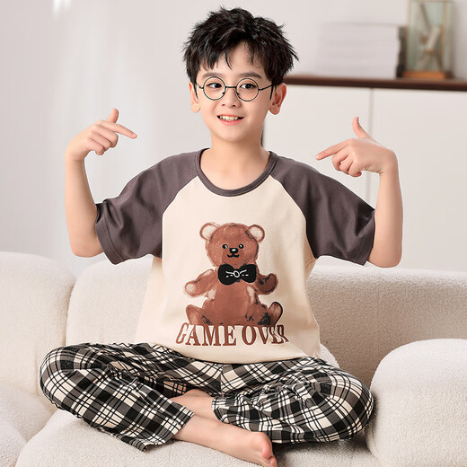 Mannido Pajamas Pajamas Boys Summer Pantalones de manga corta Algodón puro Niños delgados niños de tamaño mediano Set de ropa para el hogar de algodón de algodón F728 [Longitud corta] m Código recomendado 155-160 cm