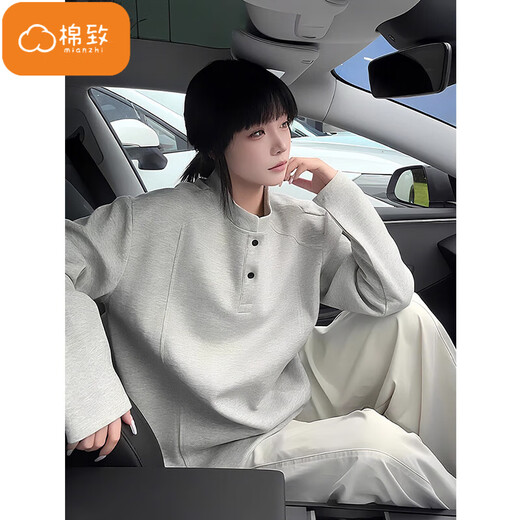 Cotton American deconstructed splicing heavyweight Henry collar sweatshirt for men spring and autumn new trendy loose stand-up collar bottoming shirt jacket 3268 white gray high quality XL 125-140Jin Jin equals 0.5 kg