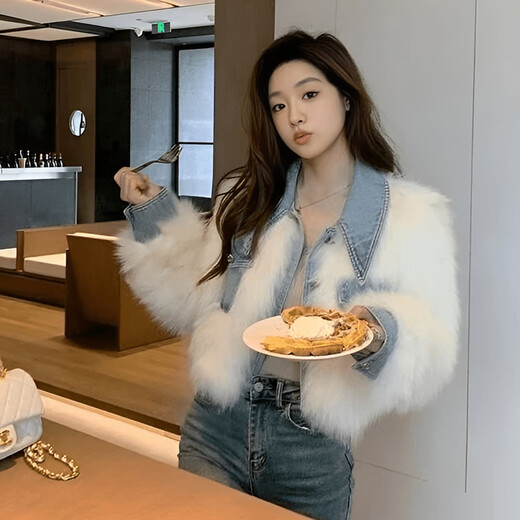 Madian 2025 New Denim Splicing Furry Autumn and Winter Imitation Fur Women's Cotton Thickened Small High Waist Fashion Short Jacket White M Recommended 80-100Jin Jin is equal to 0.5 kg
