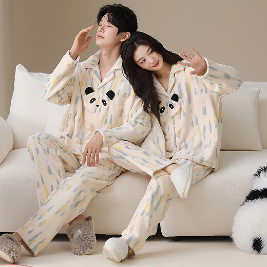 LangSha coral velvet couple pajamas for men and women in autumn and winter plus velvet thickened warm flannel cute cartoon home clothes cartoon bear women's L