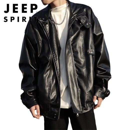 JEEP SPIRIT美式复古机车皮衣外套男春秋季新款街头痞帅ins潮高级感皮夹克 W9227黑色 M