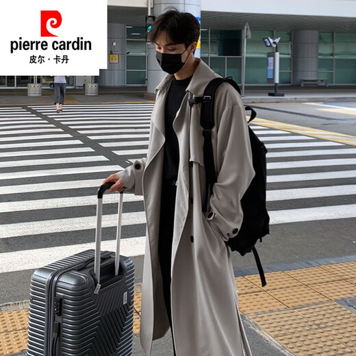 Pierre Cardin Corea Windbreaker para el estilo medio de los hombres sobre la rodilla coreana suelta de doble pecho para el otoño y el invernal en espesamiento de color caqui gris s