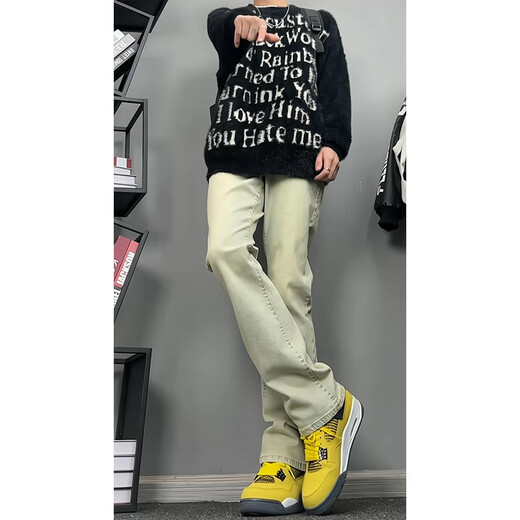 7家优品烟灰牛仔裤子男春夏季新款潮牌男装修身直筒微喇休闲工装美式长裤 SXNZ-719黄泥色 XL