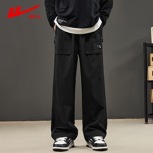 Pull-back casual pants for men in spring and summer, all-match straight pants, loose sports workwear pants, men's black L