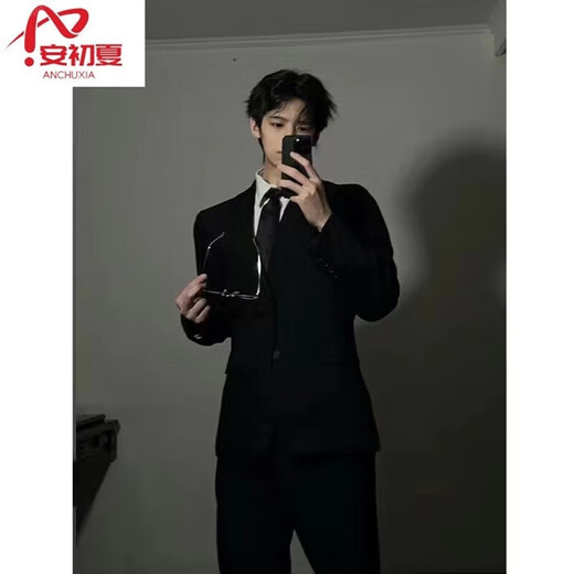 An Chuxia black casual suit men's spring and autumn British style set of yuppie handsome men's jacket high-end suit suit + white shirt + trousers + tie 2XL