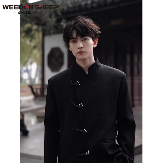 威登羊新中式西装外套男小众设计感中国风西服套装高级感立领上衣中山装 黑外套+白衬衫+西裤【三件 XL