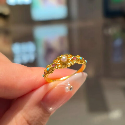 QMXD palace style Shao gold bead falling gold ring for women, ancient imitation gold sand index finger ring, long-lasting, light luxury and versatile single ring, Shao gold bead falling ring, opening adjustable