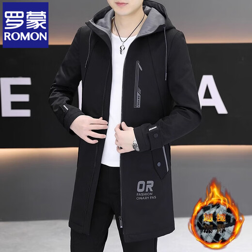 ROMON windbreaker men's mid-length 2025 autumn and winter new velvet coat slim and handsome windbreaker cotton jacket casual trendy brand K70 gray velvet velvet 2XL recommended 145-160Jin Jin is equal to 0.5 kg