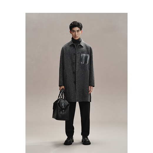 PEACEBIRD Men's Woolen Coat Mid-Length Men's Winter Loose Coat Casual Texture Commuting Black Gray L