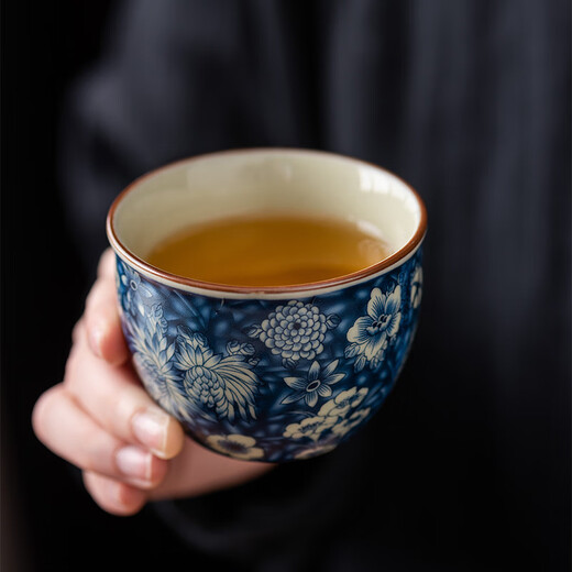 Yunhua Ru kiln blue and white stuffy teapot can grow retro mug large capacity cold kettle with lid ceramic anti-scalding warm kettle cup flower kettle + single cup 450ml