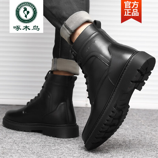 Holzspecker High-End Head-Schicht Kuhspanner Armee Martin Boots Herren Winter plus Samt Militärhaken High-Top-Baumwoll-Lederstiefel Wolle warme Schneestiefel Schwarz plus Samt 38 (160 mm)