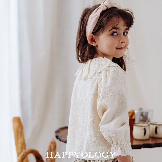 Happyology British children's tops girls embroidered shirt lapel spring and autumn embroidered long-sleeved shirt khaki 86 (86cm)