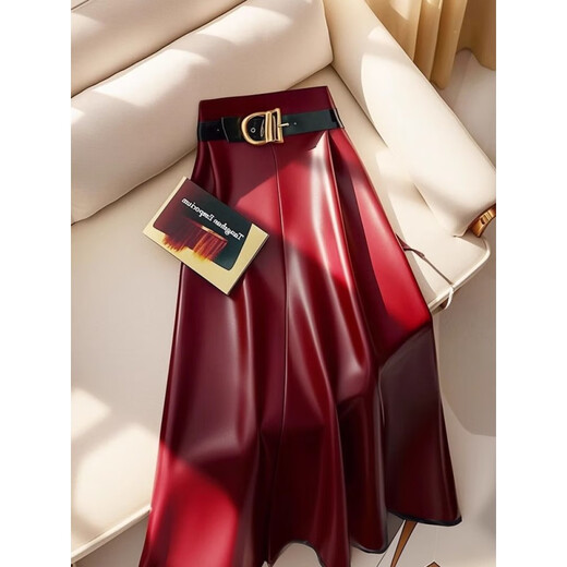 Pierre Cardin (Pierre Cardin) Autumn and Winter 2025 New Large Size PU Leather Skirt Skirt Women's Belly Covering Mid-Length Winter Pleated Skirt A-Line Skirt 5785# Red M