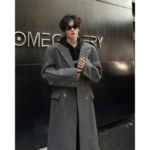 
NEW OR MODE British style long lapel woolen coat men's autumn and winter new versatile rivets high-end loose trendy coat Black XL