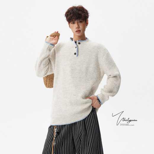 V37 American contrast lace Henry collar sweater for men in autumn retro loose lazy style couple pullover sweater apricot XL