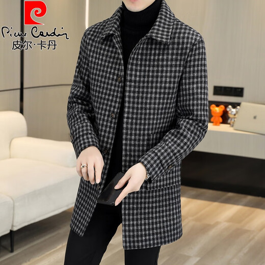 Pierre Cardin men's woolen coat plaid winter high-end Nizi windbreaker British style mid-length woolen coat 1005 black cotton version 3XL