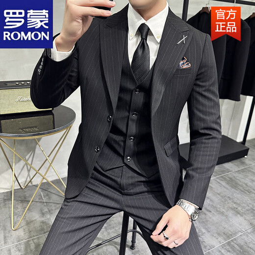 ROMON wide collar peaked lapel striped suit formal double slit wedding groom suit men's slim brown double-breasted suit + black shirt + vest + S suitable for 85-95 Jin Jin equals 0.5 kg