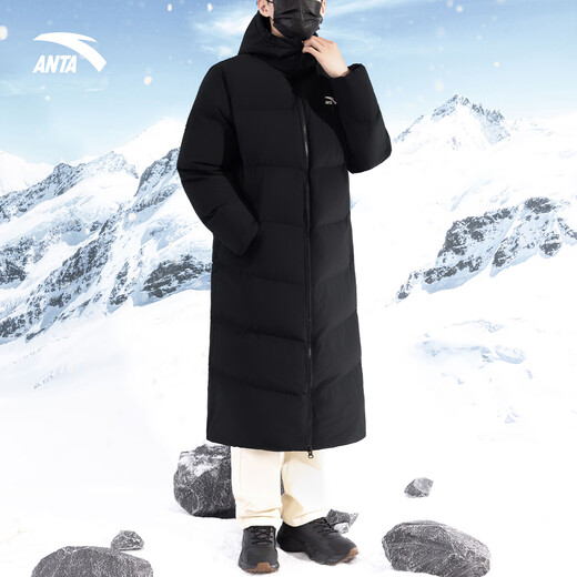 ANTA Long Cotton Jacket Men's 2026 Spring New Water-Repellent, Windproof and Velvet Warm Men's Hooded Jacket Sportswear Basic Black Water-Repellent Technology-Long Hooded Cotton Jacket XL /180
