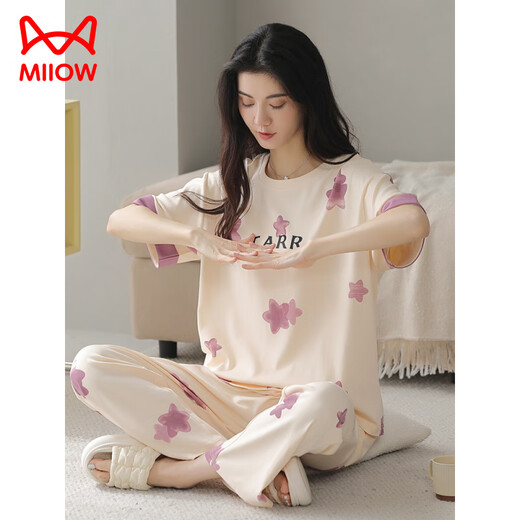 猫人（MiiOW）夏季女士短袖睡衣套装纯棉全棉长裤家居服春秋薄款春秋天可外穿 Y9712 M (建议75-95斤)