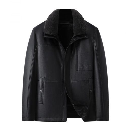 Jiujiu Wang Jiu Mu Wang plus velvet lining removable leather jacket plus size men's winter fat man plus fat fur collar motorcycle style thick coat brown L (125-135Jin Jin equals 0.5 kg)