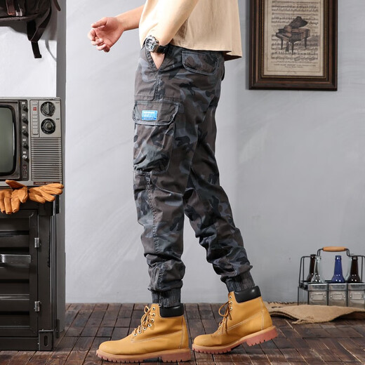 Berühmte Sommer-Tarnung Overalls für Männer losen Krawatten Casual Hosen für Männer Stretch Sport Multi-Tocket Harem Hosen Kamel 28 [90-110jin [Jin gleich 0,5 kg]]]