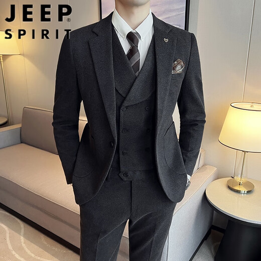 Jeep (JEEP) Autumn and Winter British Business Slim Suit Suit Men's High-end Casual Commuting One-button Wool Suit Three-piece Set Gray Single Suit M