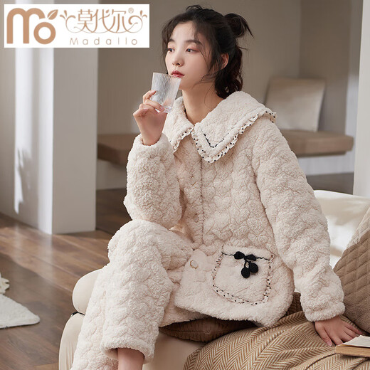 Modal tall coral velvet cotton pajamas for women in winter three-layer thickened velvet home clothes flannel warm set MFB12244 women L