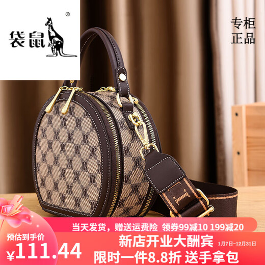 袋鼠轻奢品牌ins小圆包小包包女包2023肩带时尚百搭宽新款手提单肩包 棋盘格-咖啡 2根肩带