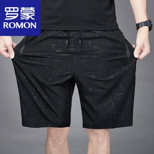 罗蒙（ROMON）五分裤男士夏季冰丝薄款速干透气休闲宽松加大码运动短裤沙滩裤子 7029黑色 2XL 140-155斤