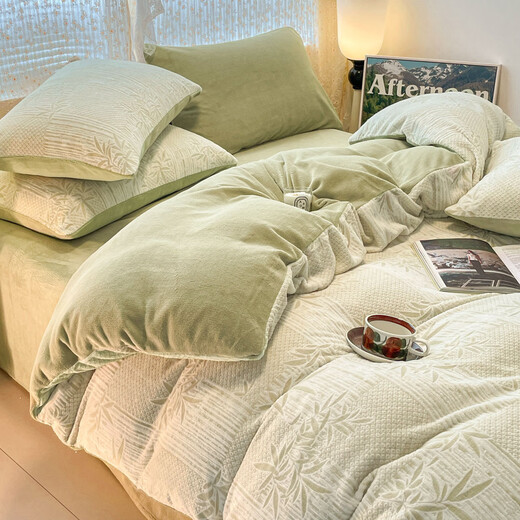 2025 new flannel coral velvet plush winter thickened plus velvet bed sheets milk velvet four-piece warm bedding set Bamboo Linjian-green bed sheet style 1.8 four-piece set-quilt cover 200x230