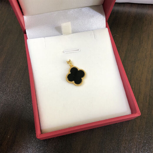 Junbu 18K rose gold necklace four-leaf clover pendant gold agate AU750 non-fading non-allergenic single pendant 15mmK gold + black + certificate pendant without chain