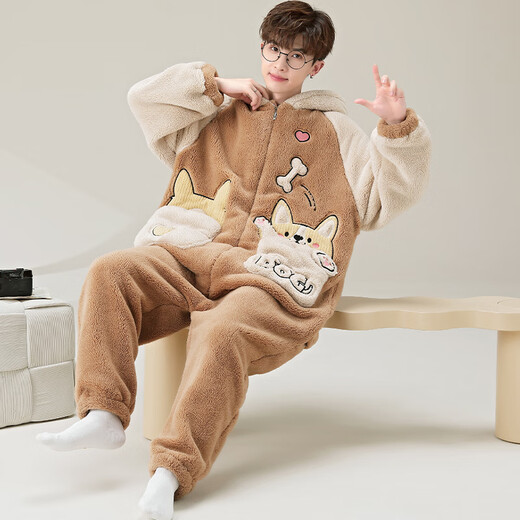 少年情话睡衣男秋冬款加绒加厚珊瑚绒带帽冬天休闲家居服套装可外穿连体衣 YPF3893哈士奇 男XXL(150-185斤)