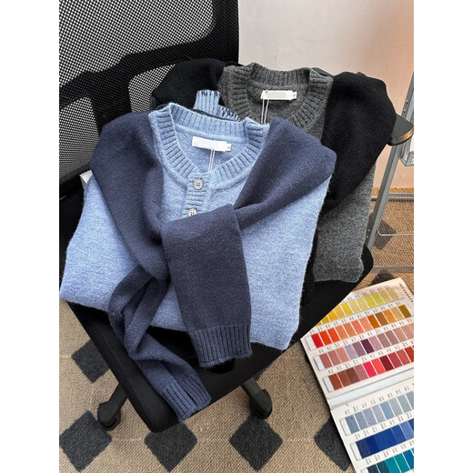 XUEDEYA sweater with shawl for men in autumn fake two-piece shawl sweater for men with trendy lazy style loose henley collar sweater style blue M