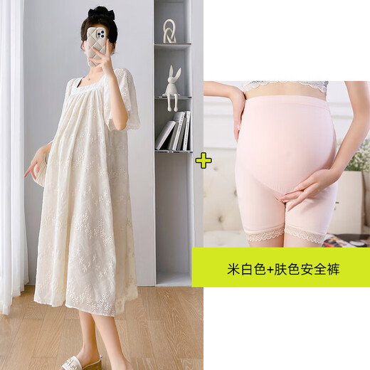 
Geman maternity dress summer loose large-size top covering belly summer skirt puff sleeve maternity dress summer skirt off white XL (recommended 140-160 Jin [Jin equals 0.5 kg])