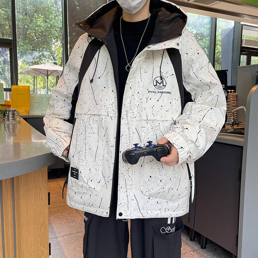 BILUOGEDE Autumn jacket worn by boys aged 12-25 years old, autumn winter, teenager student plus velvet men's workwear hooded jacket trend 826 models milky white plus velvet L (100-120Jin [Jin equals 0.5 kg])