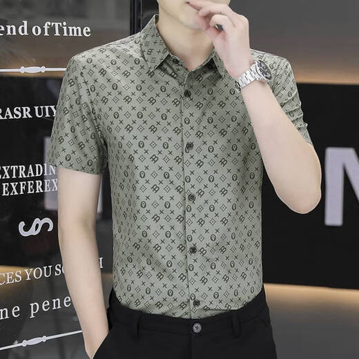 以堡狼高端夏季男衬衫短袖弹力冰丝数码印花薄款休闲男士衬衣修身 7029白色 L 【推荐110-125斤】