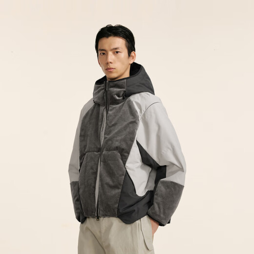 速写男装商城同款2024冬新品短款连帽灯芯绒拼接羽绒服休闲9O0C14110 011炭黑 L