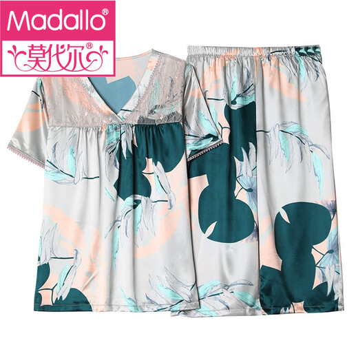 莫代尔新款真丝睡衣妈妈夏季薄款短袖中老年人女士真家居服大码胖MM套装 WH-829 L (建议穿100斤-120斤)