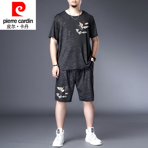 皮尔卡丹品牌高档男装220斤胖子套装肥佬冰丝速干T恤男胖子加肥加大码男装夏季休闲运动短袖短裤套装 黑色9922套装 收藏加购优先发货 5XL 200-225斤