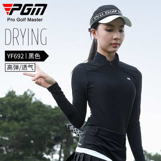 PGM Golf Clothing Women's Shoulder Breathable Top T-shirt Stand Collar Long Sleeve Autumn Sports Clothing YF692-Black [Top] L