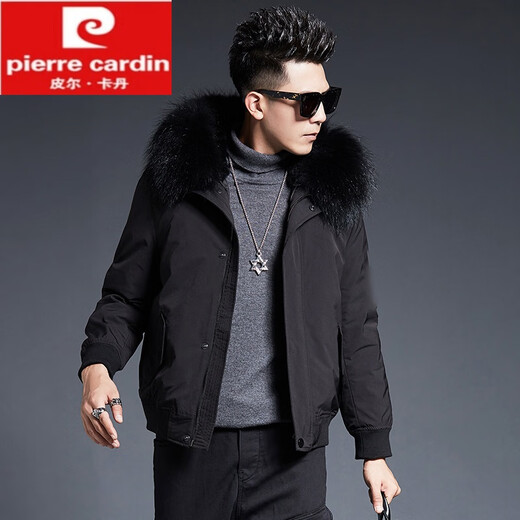 Pierre Cardin 2025 new winter parka men's short detachable fur jacket coat slim and thickened black M