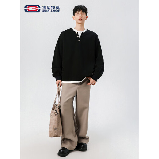 Black sweatshirt men's fall fake two-piece contrasting color bottoming shirt Korean style Henry collar top black M